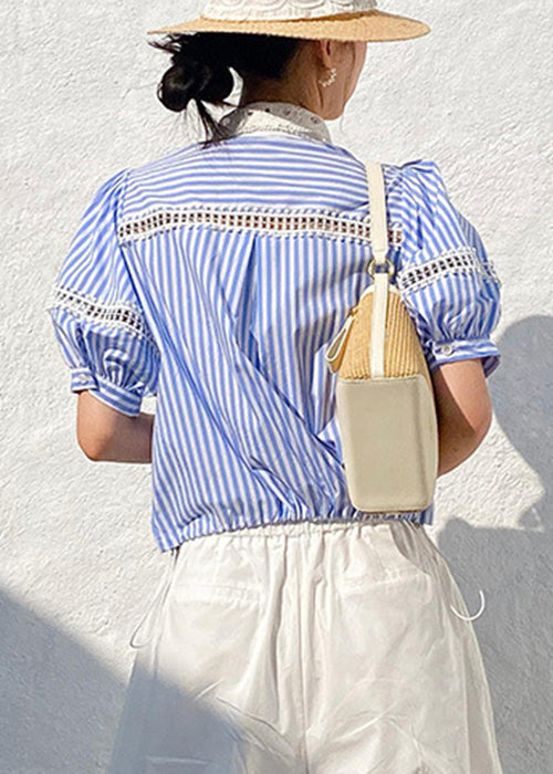 Out Summer Striped Blue Blouses Cotton Hollow