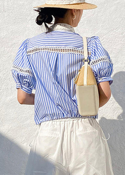 Out Summer Striped Blue Blouses Cotton Hollow