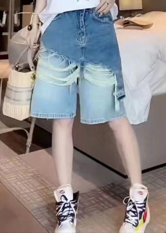 Blue Tasseled Patchwork False Two Pieces Denim Shorts Summer Bv007