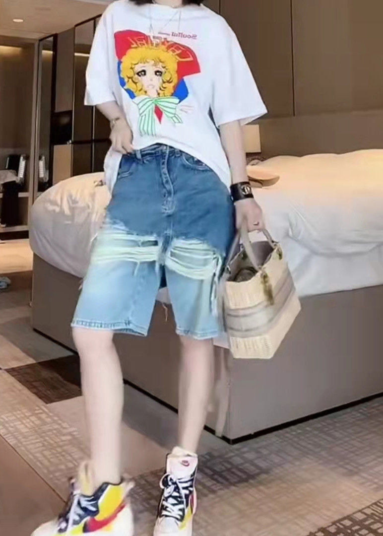 Blue Tasseled Patchwork False Two Pieces Denim Shorts Summer Bv007