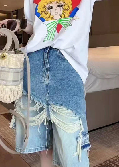 Blue Tasseled Patchwork False Two Pieces Denim Shorts Summer Bv007