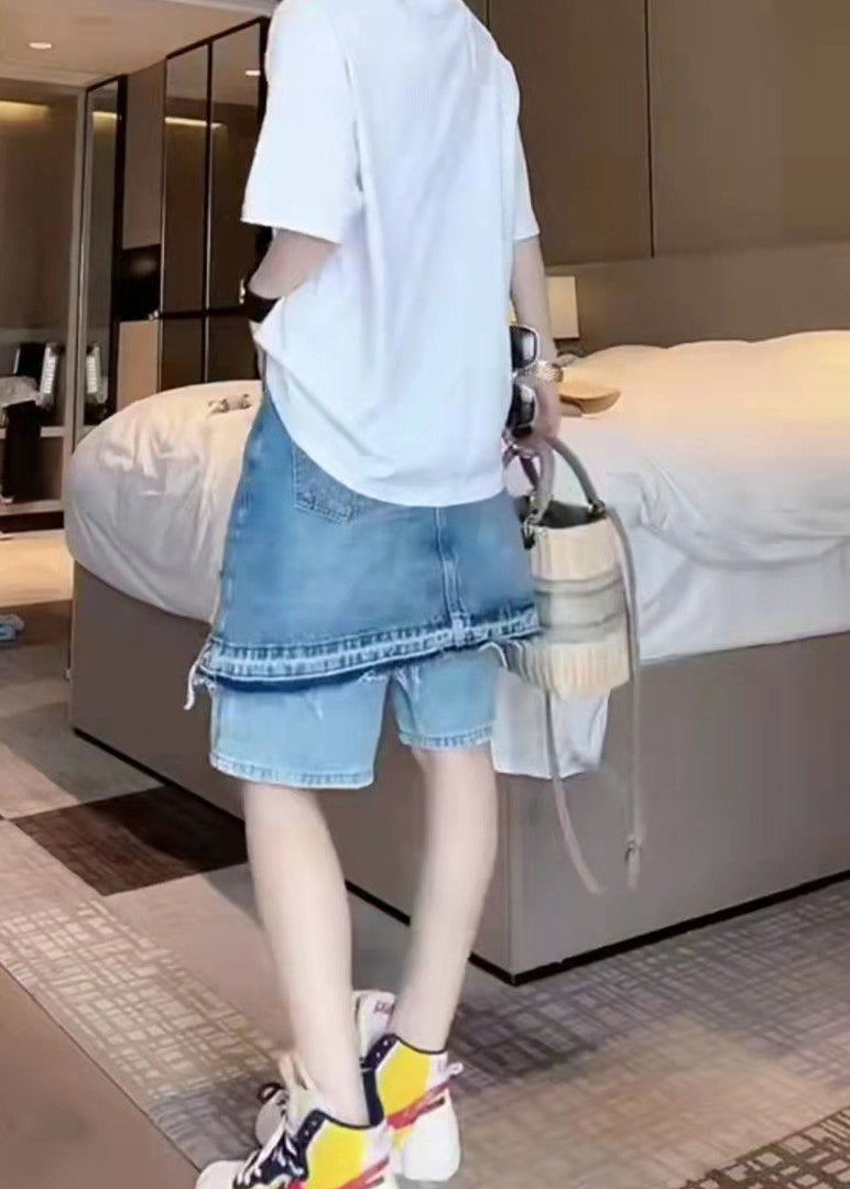 Blue Tasseled Patchwork False Two Pieces Denim Shorts Summer Bv007