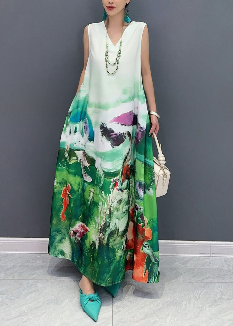 Blue V Neck Print Long Dress Sleeveless Ao1053