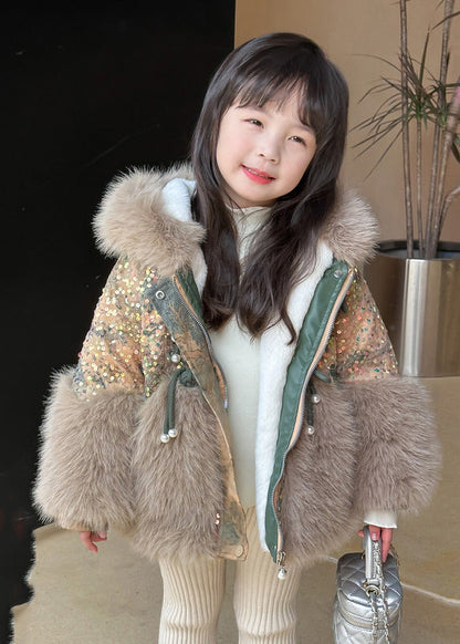 Brown Fur Collar Sequins Patchwork Kids Hoodies Leather and Fur Coats Wintertg025