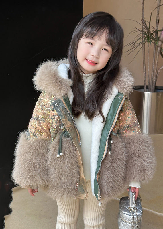 Brown Fur Collar Sequins Patchwork Kids Hoodies Leather and Fur Coats Wintertg025