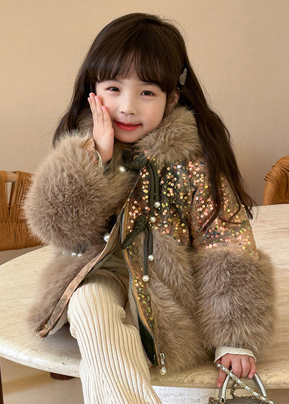 Brown Fur Collar Sequins Patchwork Kids Hoodies Leather and Fur Coats Wintertg025