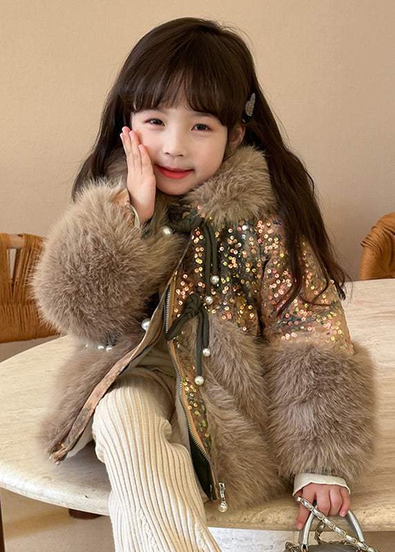 Brown Fur Collar Sequins Patchwork Kids Hoodies Leather and Fur Coats Wintertg025