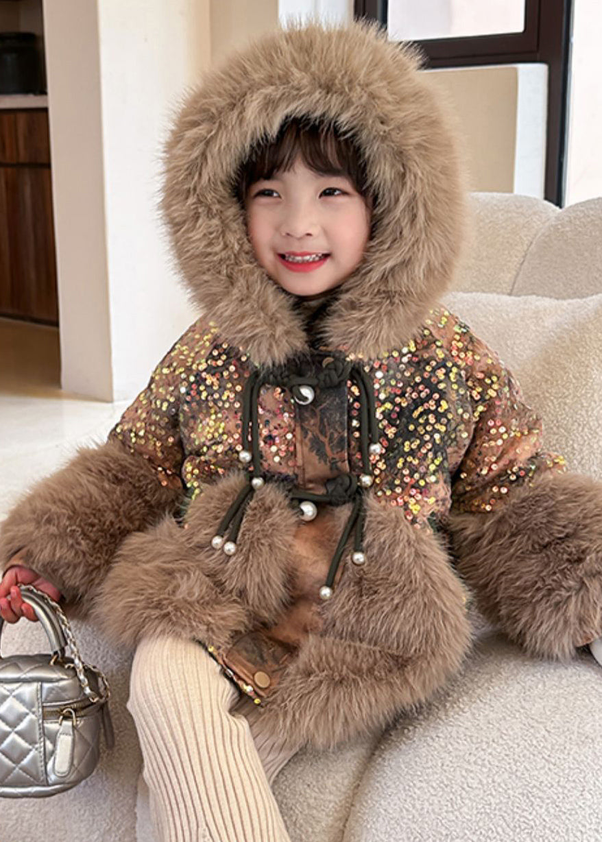 Brown Fur Collar Sequins Patchwork Kids Hoodies Leather and Fur Coats Wintertg025
