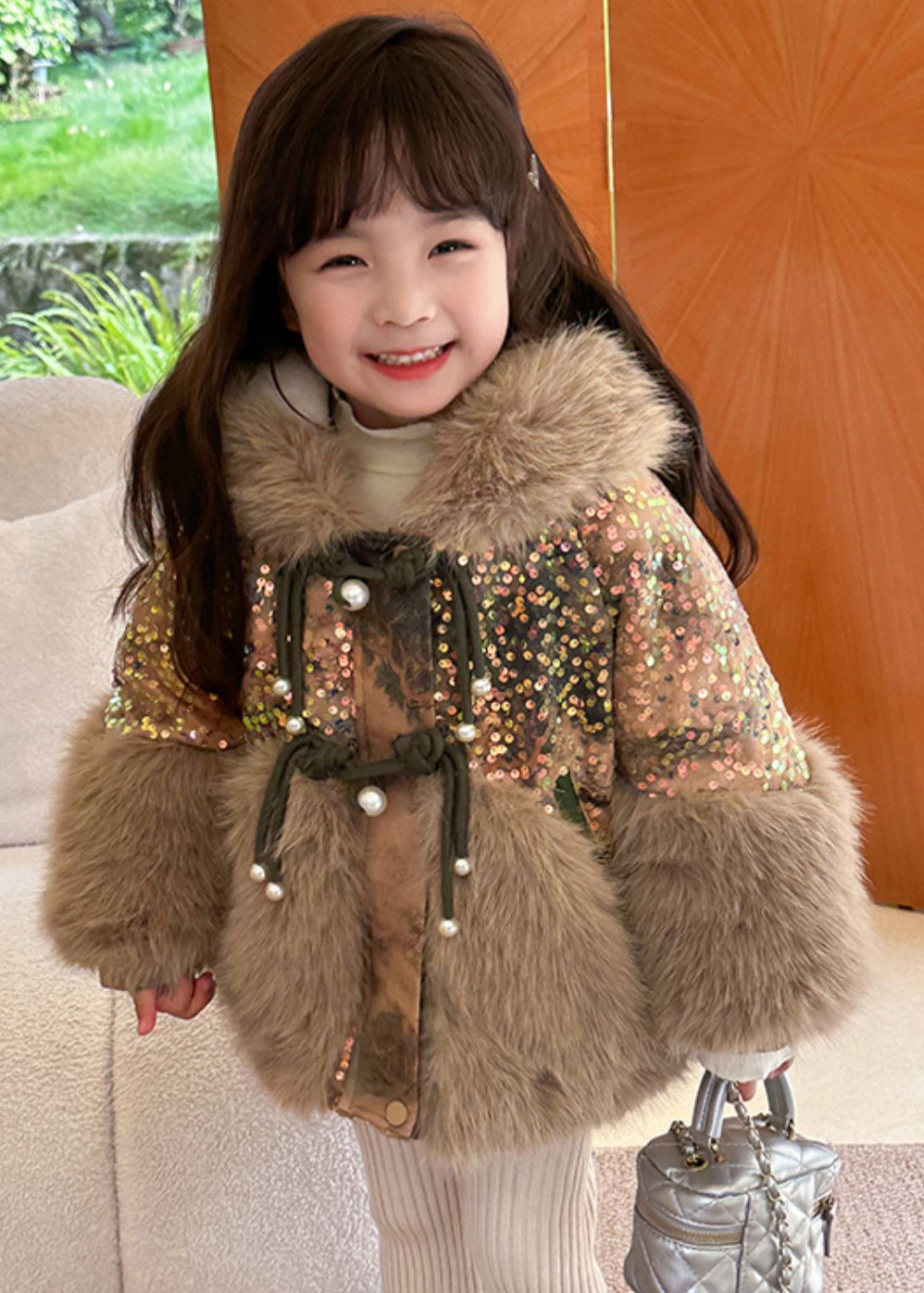 Brown Fur Collar Sequins Patchwork Kids Hoodies Leather and Fur Coats Wintertg025