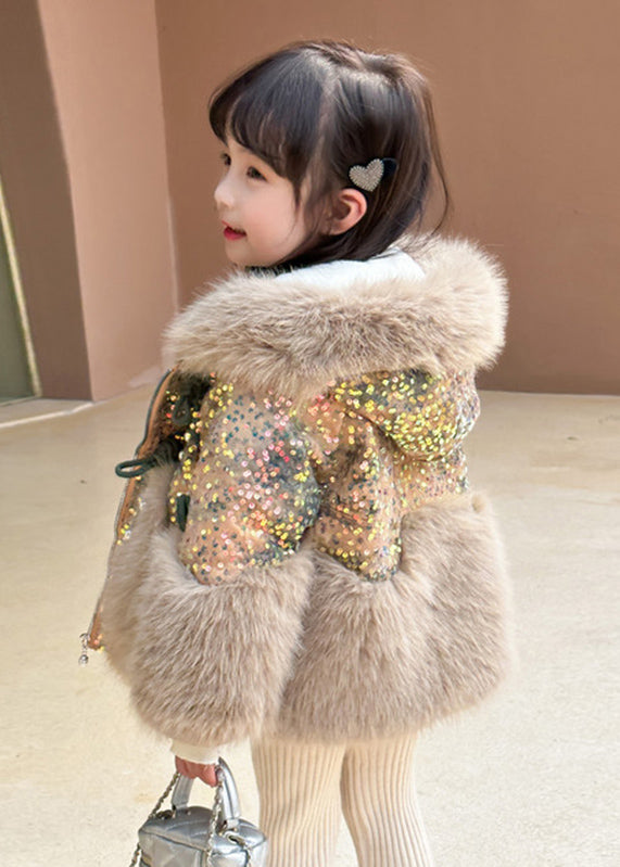 Brown Fur Collar Sequins Patchwork Kids Hoodies Leather and Fur Coats Wintertg025