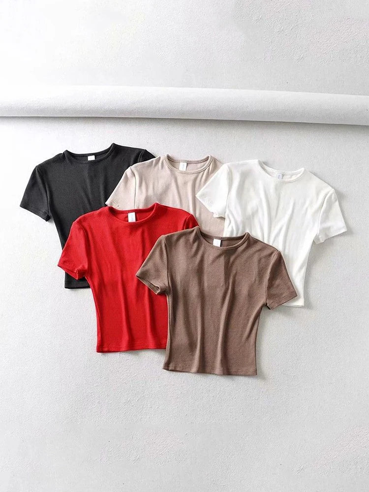 Summer Woman Slim Fit T-shirt Tight Cotton Short-sleeve O-neck Tee Crop Tops