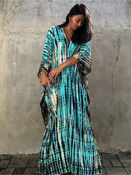 Striped Print Long Dresses V-neck Bat Sleeve Loose Slit Beach Dress Summer New Beachwear Vestidos