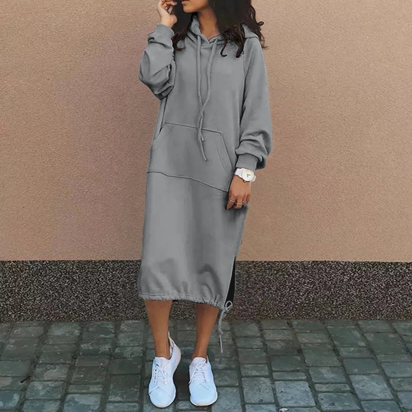 Split Hooded Large Pullover Autumn Pocket Warm Sweatshirt Hoodie Dress