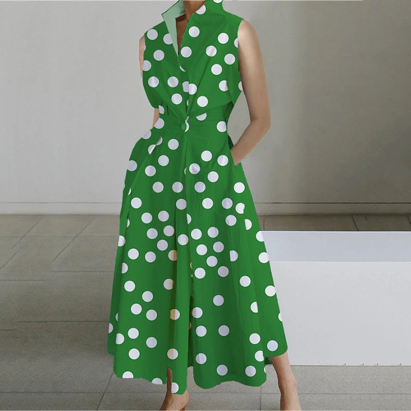 Turn-down Collar Printed Sleeveless Loose Slim Fit Midi Dresses