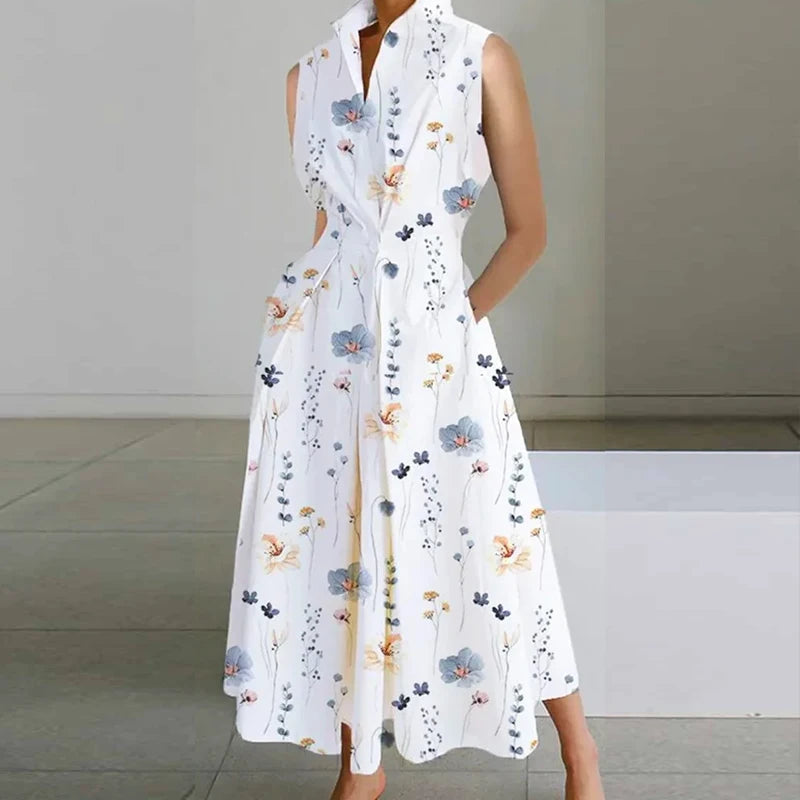 Turn-down Collar Printed Sleeveless Loose Slim Fit Midi Dresses