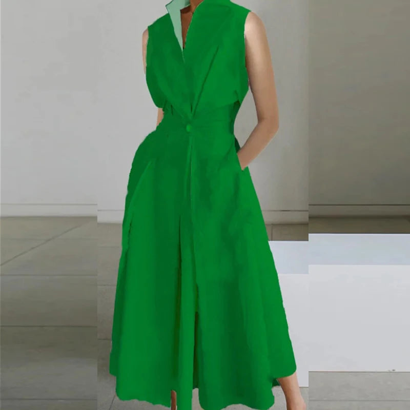 Turn-down Collar Printed Sleeveless Loose Slim Fit Midi Dresses