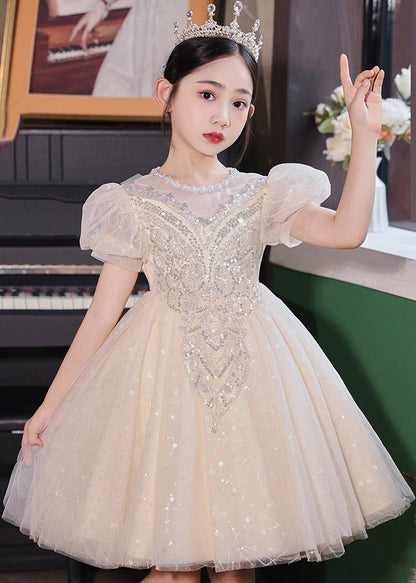 Champagne O-neck Patchwork Sequins Tulle Kids Long Dresses Summer Xz041