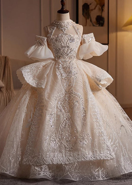 Champagne Turtleneck Embroideried Tulle Kids Maxi Dresses Summer Yg007