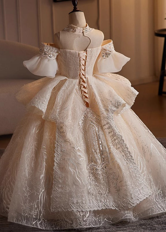 Champagne Turtleneck Embroideried Tulle Kids Maxi Dresses Summer Yg007