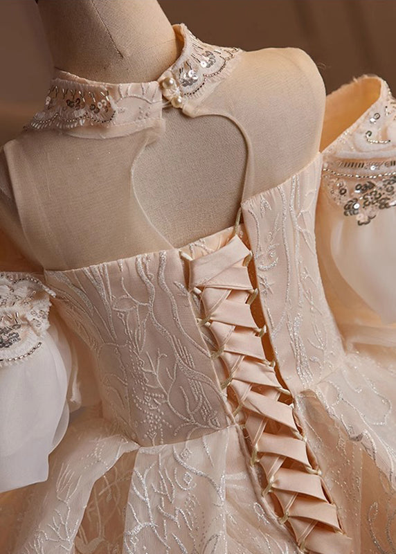 Champagne Turtleneck Embroideried Tulle Kids Maxi Dresses Summer Yg007