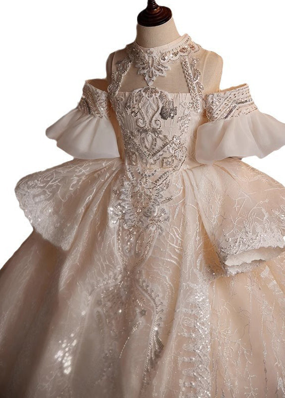 Champagne Turtleneck Embroideried Tulle Kids Maxi Dresses Summer Yg007
