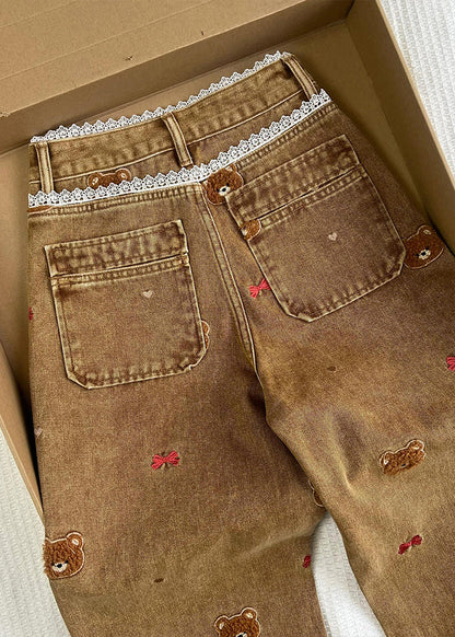 Coffee Embroidered Lace Patchwork Denim Straight Pants Spring Tn023