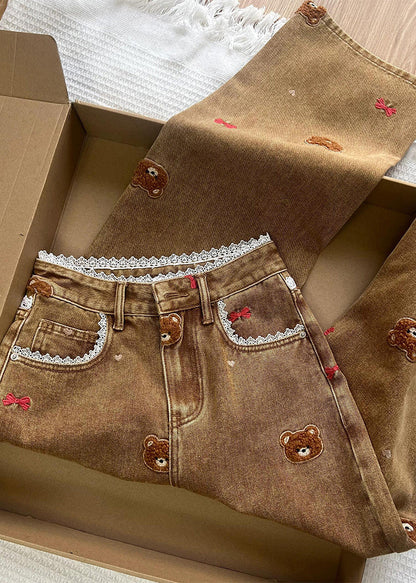 Coffee Embroidered Lace Patchwork Denim Straight Pants Spring Tn023