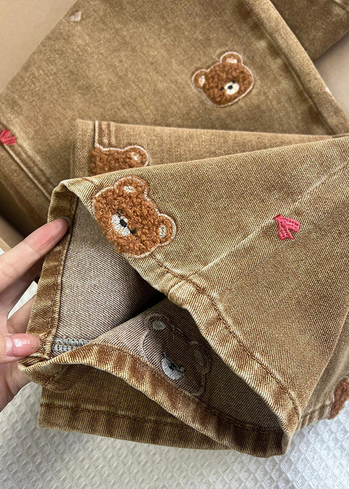 Coffee Embroidered Lace Patchwork Denim Straight Pants Spring Tn023