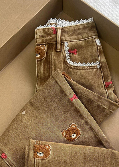 Coffee Embroidered Lace Patchwork Denim Straight Pants Spring Tn023