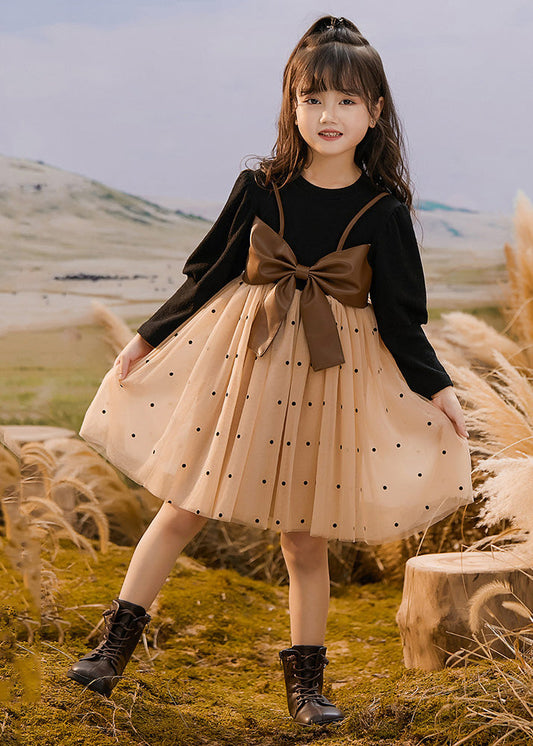Colorblock O-neck Bow Dot Patchwork Tulle Kids Vacation Maxi Dresses Spring Tg009