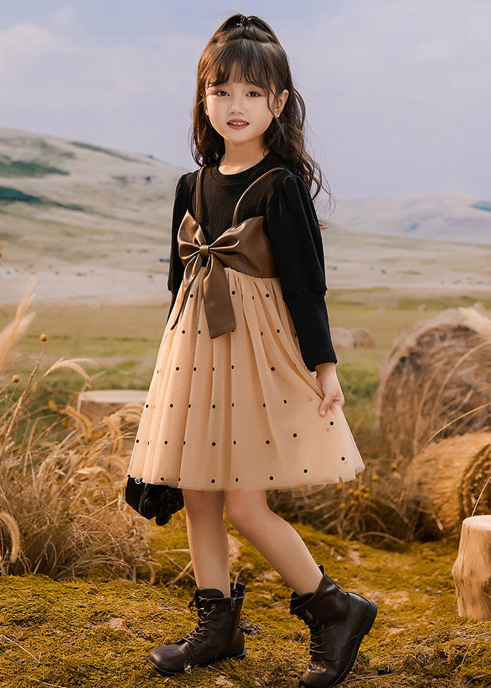 Colorblock O-neck Bow Dot Patchwork Tulle Kids Vacation Maxi Dresses Spring Tg009