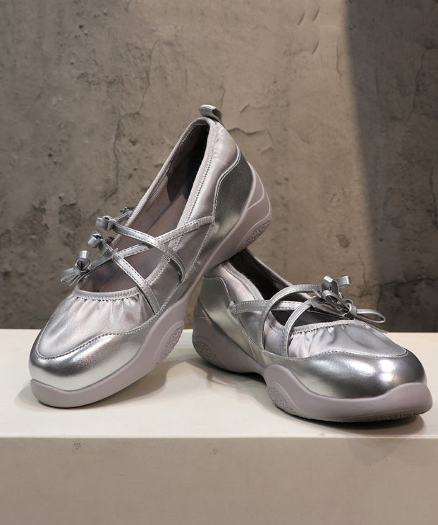 Comfy Silver Bow Cross Strap Flats Shoes Dd1021
