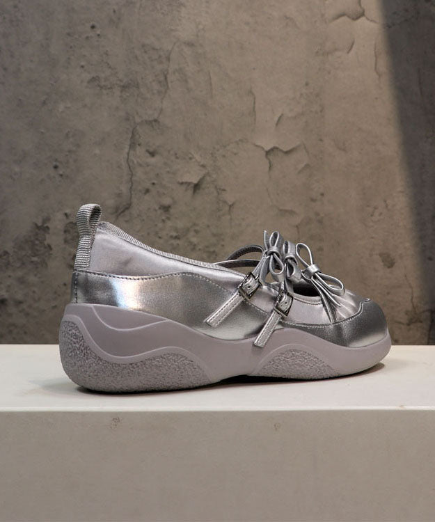 Comfy Silver Bow Cross Strap Flats Shoes Dd1021