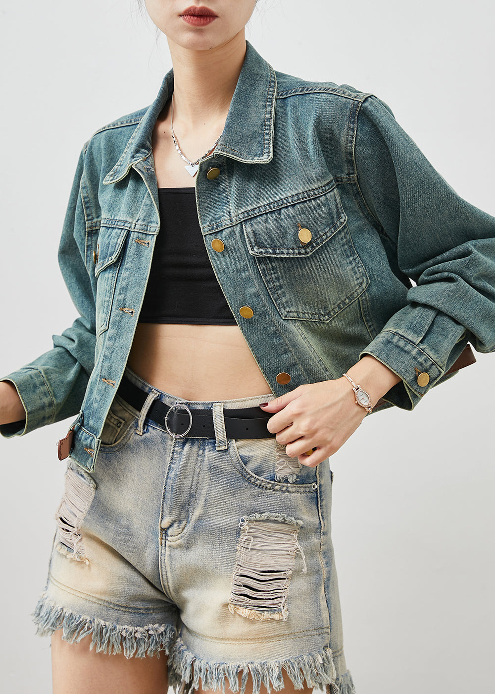 Denim Blue With Belt Short Coats Spring Yu1061