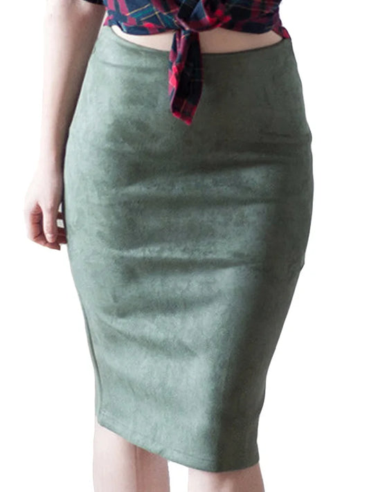Empire Skirts Spring Faux Suede Pencil Skirt High Waist Bodycon Split Thick Stretchy Skirts