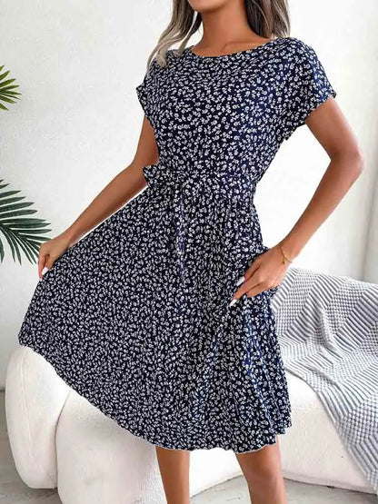 A Line Short Sleeve High Waist Midi Dresses