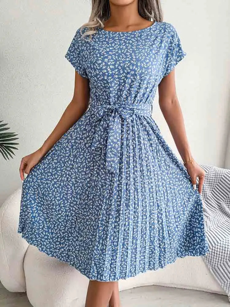 A Line Short Sleeve High Waist Midi Dresses