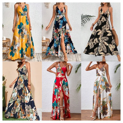 Flower Print Spaghetti Strap Dresses V-neck Backless Slit Long Dress Style Vacation Beach Vestidos