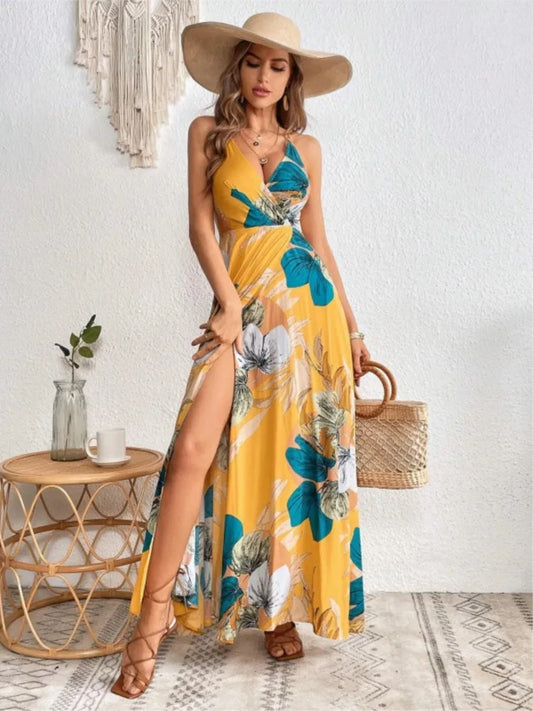 Flower Print Spaghetti Strap Dresses V-neck Backless Slit Long Dress Style Vacation Beach Vestidos