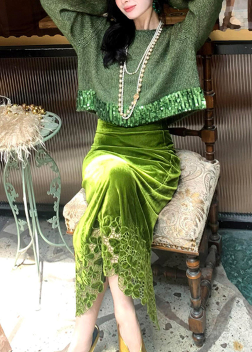 Green Hollow Out Cotton Knit Sweaters and Maxi Skirts Two Piece Set Winter Wv002