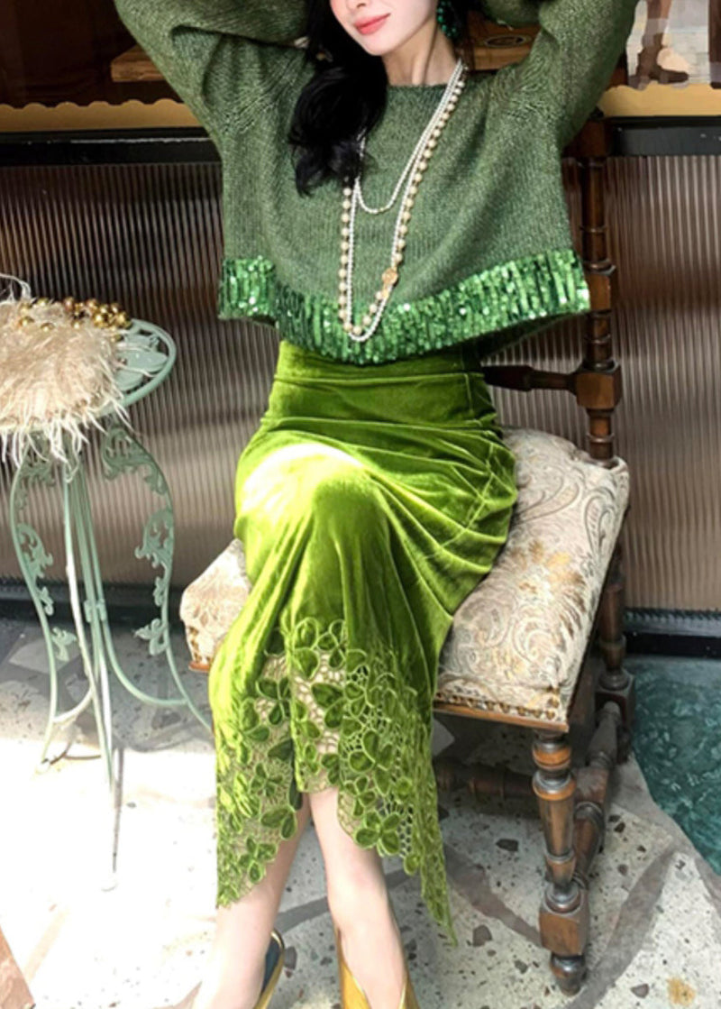 Green Hollow Out Cotton Knit Sweaters and Maxi Skirts Two Piece Set Winter Wv002