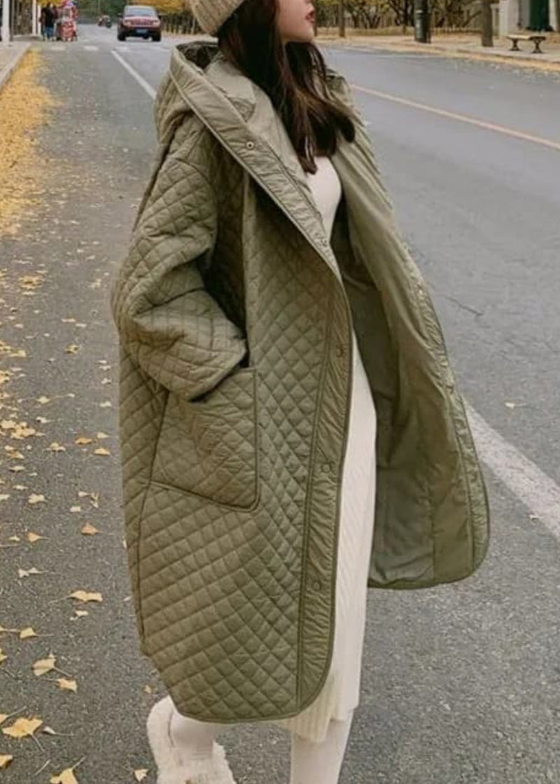 Green Hooded Pockets Fine Cotton Filled Coat Spring Td039