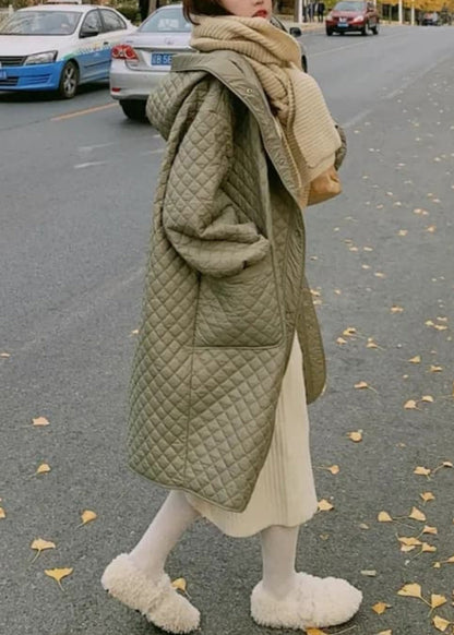 Green Hooded Pockets Fine Cotton Filled Coat Spring Td039