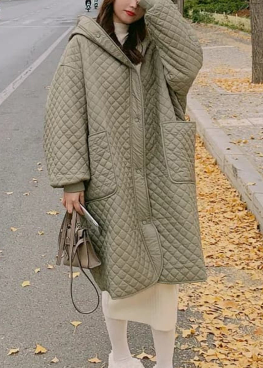 Green Hooded Pockets Fine Cotton Filled Coat Spring Td039
