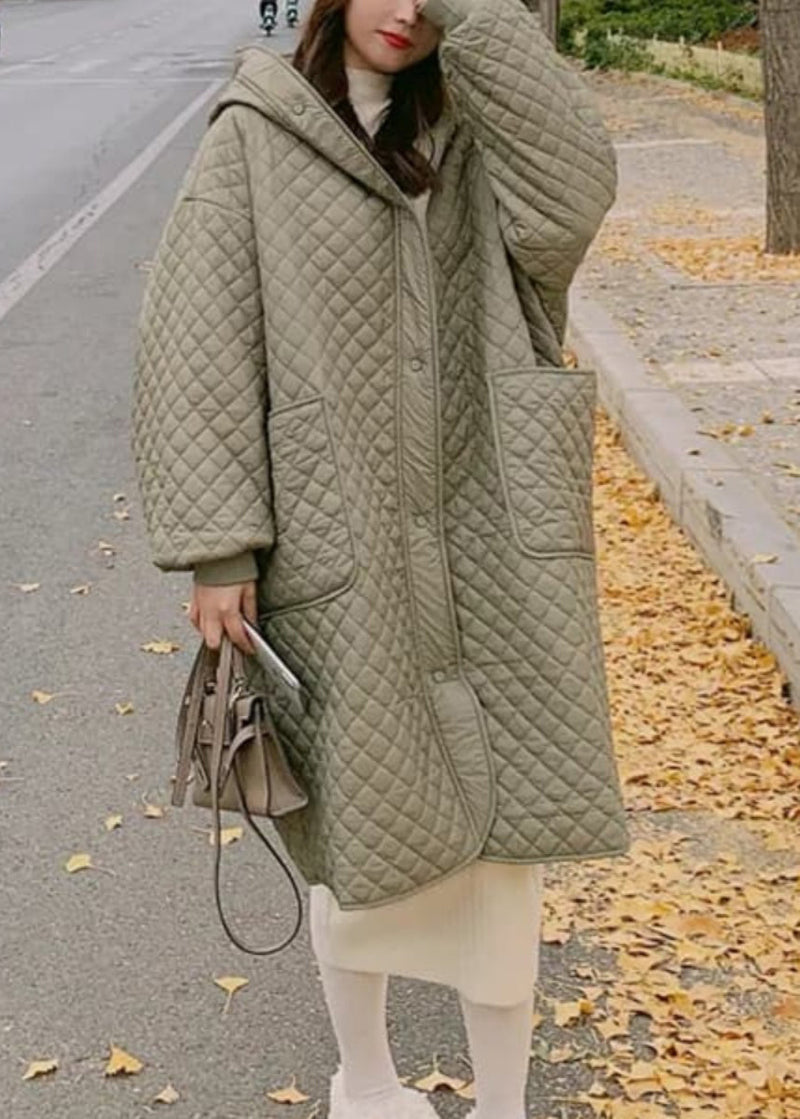Green Hooded Pockets Fine Cotton Filled Coat Spring Td039