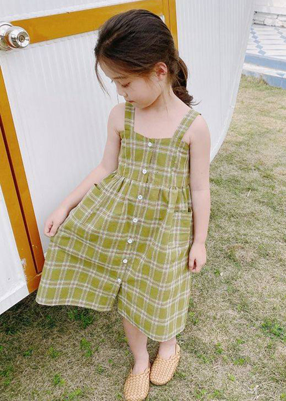 Green Square Collar Plaid Patchwork Button Long Dress Sleeveless Gf011