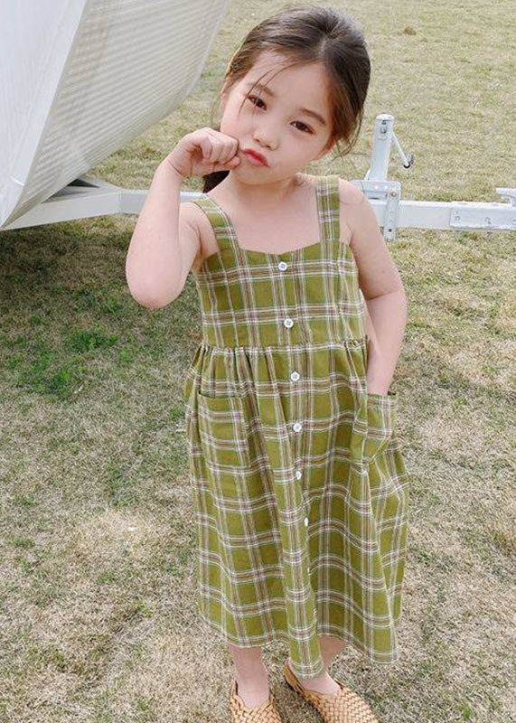 Green Square Collar Plaid Patchwork Button Long Dress Sleeveless Gf011