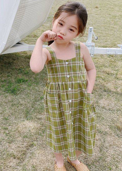 Green Square Collar Plaid Patchwork Button Long Dress Sleeveless Gf011