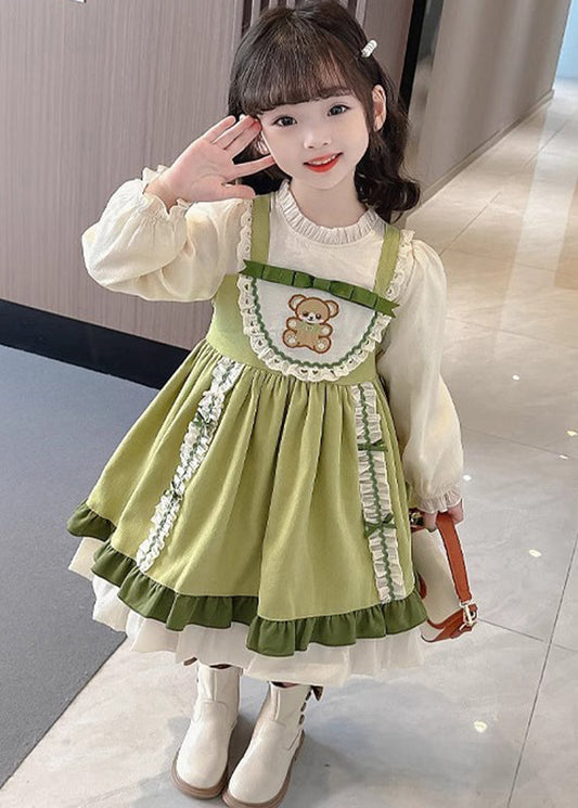 Green Stand Collar Print Long Dresses Puff Sleeve Ye028