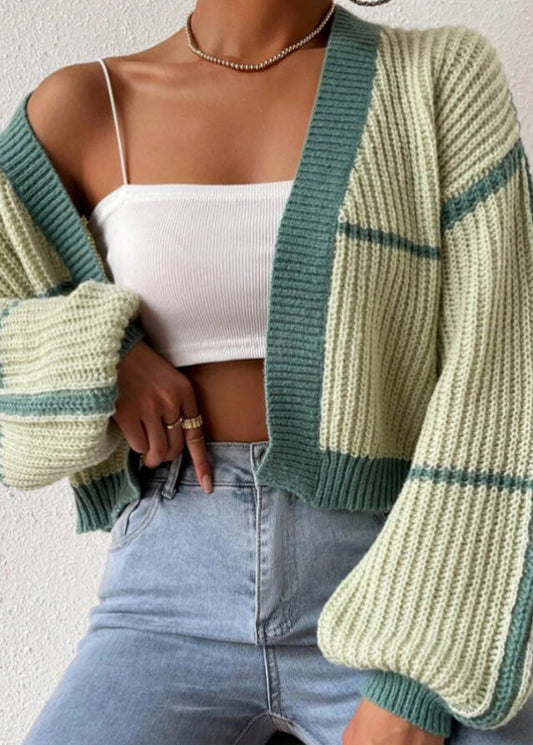 Green Striped Knit Short Cardigan Fall Qy013